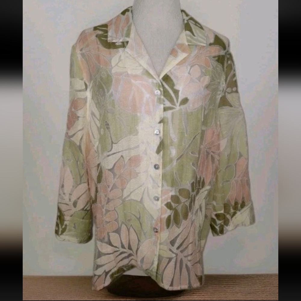 Alfred Dunner Monstera Plant Leaf Shear Button Down Shirt Size 12